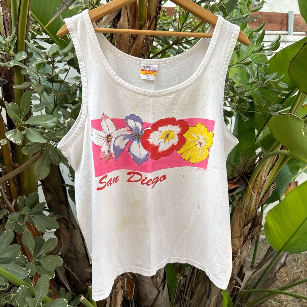 Vintage 1980s–90s San Diego Floral Tank Top L USA Made Graphic